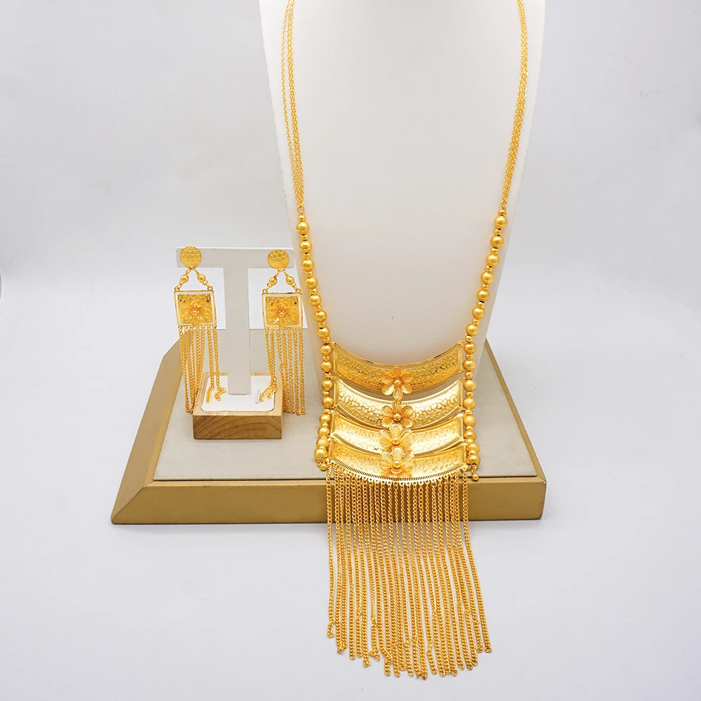 Indian Gold Color New Design Tassel Necklaces Earring Rings Jewelry Sets For Women Wedding Ethiopian Luxury Gold Color Jewellery