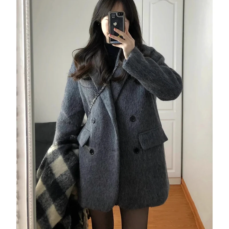 Grey Women's Woolen Jacket Korean Style Autumn Winter Medium Length Thick Loose Outerwear Chic Suit Coat for 2026
