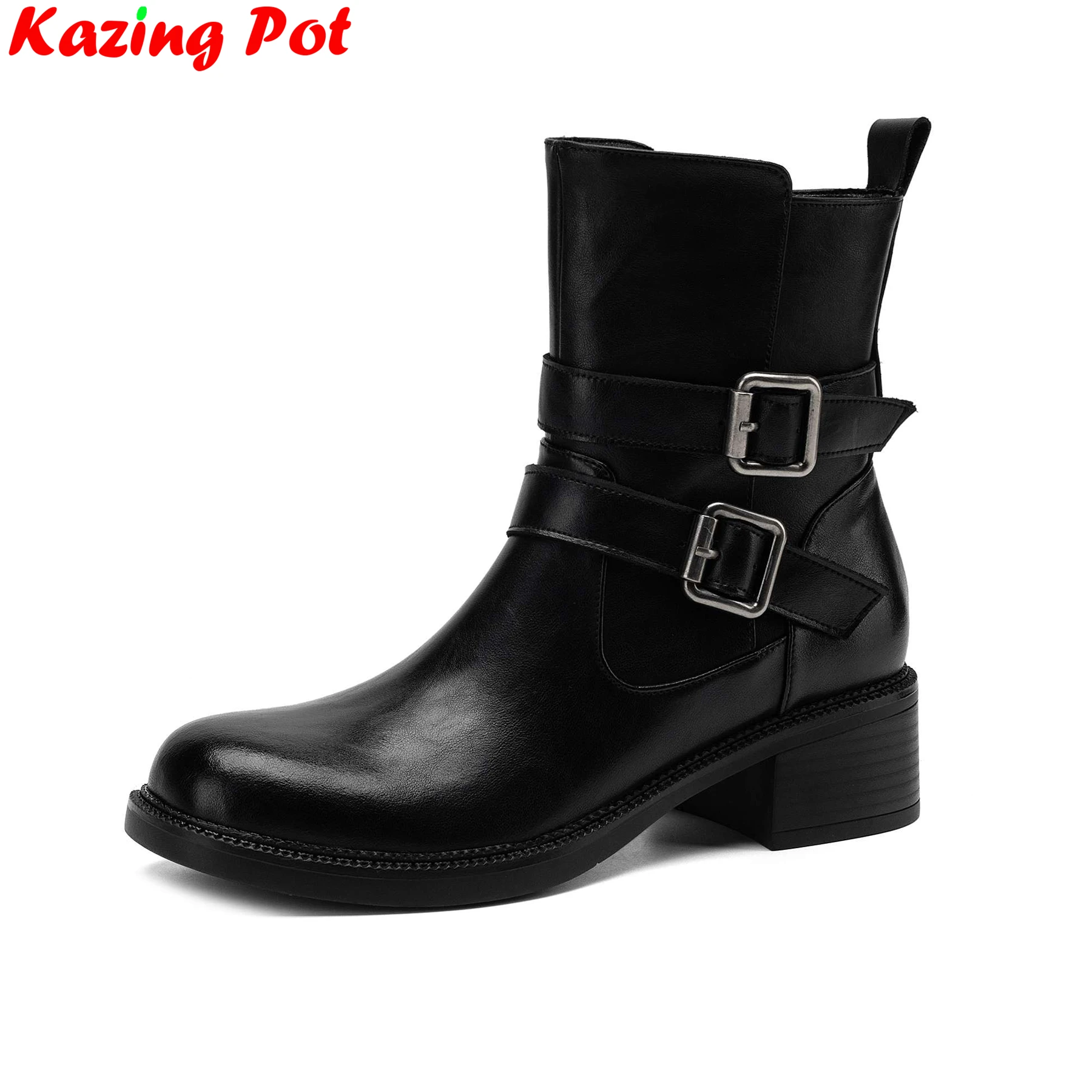 Plus Size 34-42 Cow Skin Round Toe Med Heels Brand Modern Boots Warm Winter Shoes Dating Belt Buckle Office Lady Ins Ankle Boots