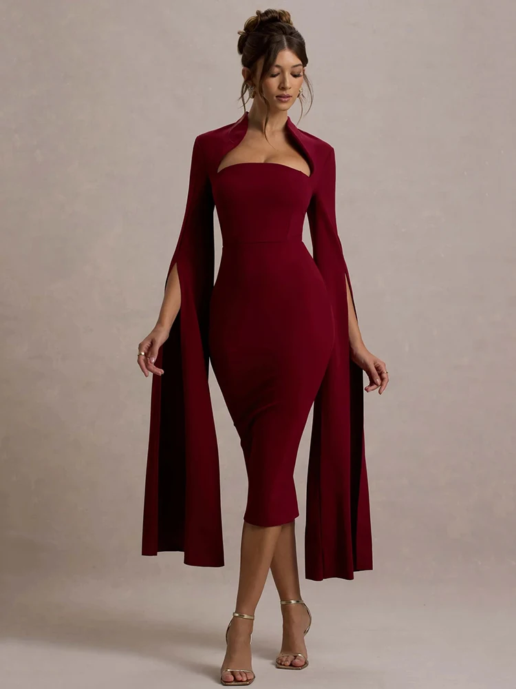 

Mozision Cape Long Sleeve Sexy Midi Dress For Women Autumn Winter New Square Collar Back Slit Bodycon Club Party Long Dress