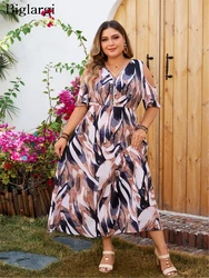 Plus Size Summer Long Dress Women V-Neck Fashion Irregular Short Sleeve Ladies Dresses Graffiti Print Casual Loose Woman Dress