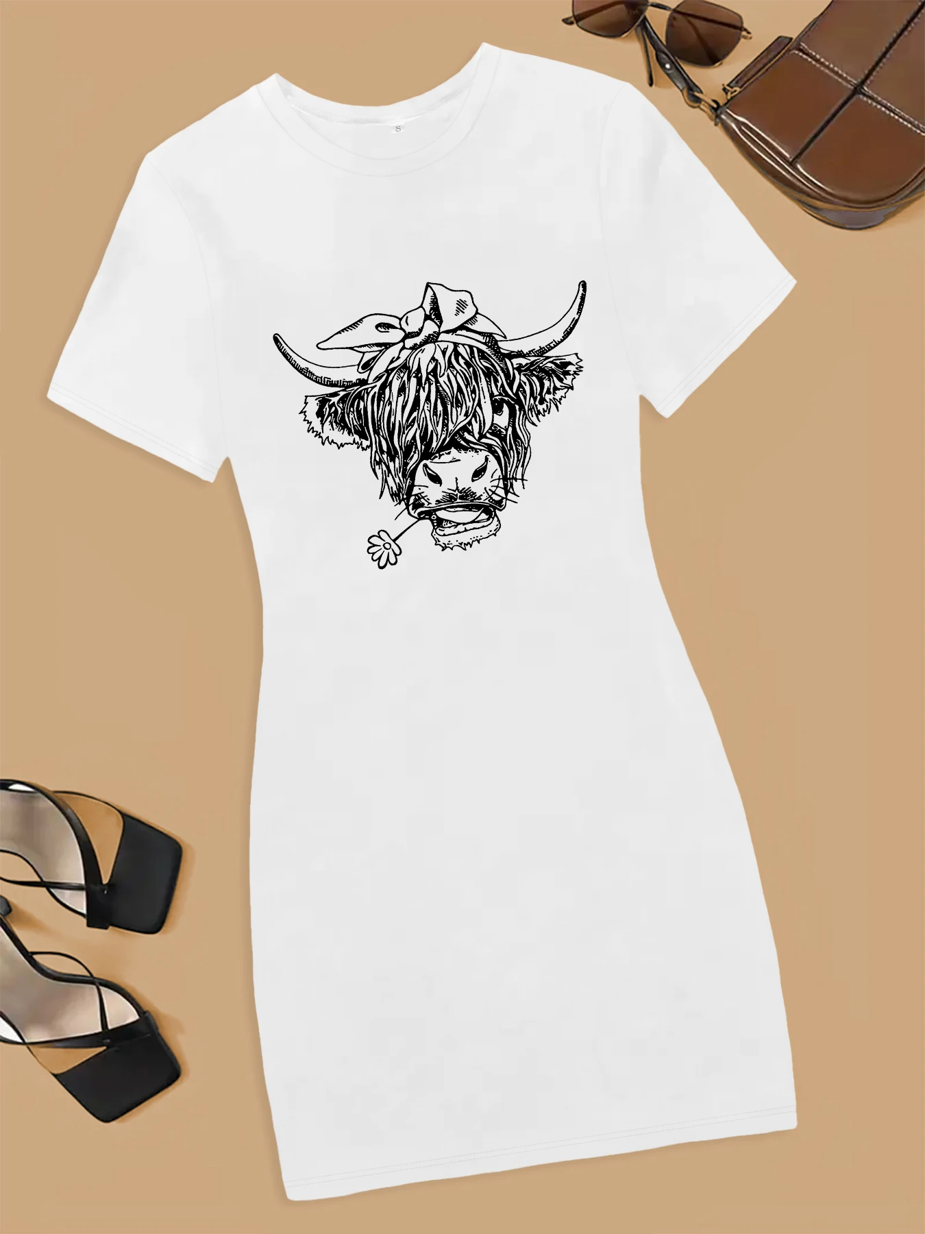 Vestido feminino de manga curta com decote em O, camiseta com estampa animal engraçada, streetwear casual, moda versátil