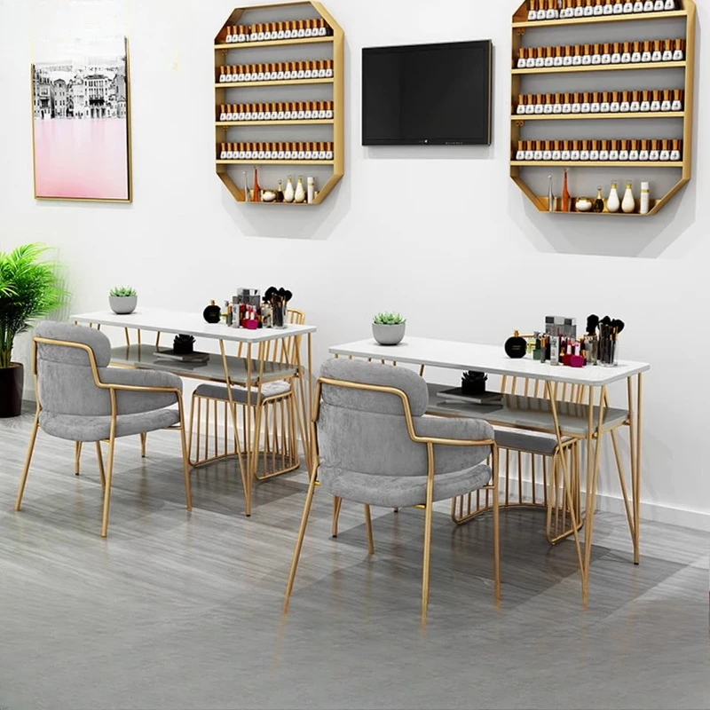 

Современный золотой маникюрный стол из железа, двухуровневый, с подлокотником и креслом, профессиональная мебель для салона, рабочая станция