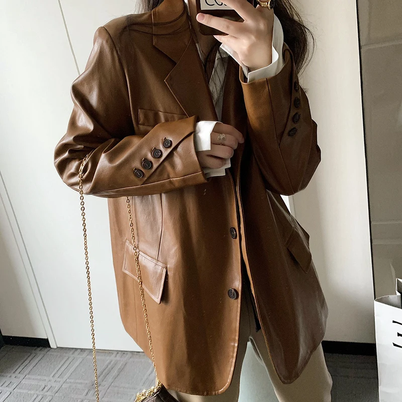 Korean Casual Vintage Women Faux Pu Leather Suit Jacket Coffee Color Black Autumn New Notched Collar Long Sleeve Female Coat