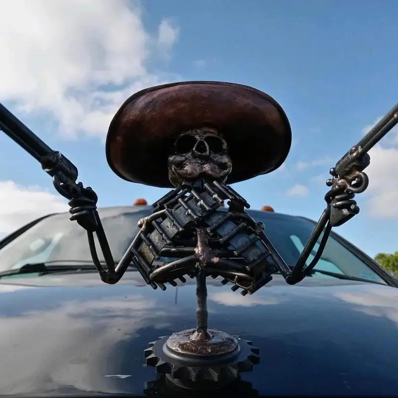 Skeleton Gunslinger Sculpture Ornament Halloween Party Skull Garden Decoration Metal Cowboy Toys Car Pendant Gothic Punk Decor