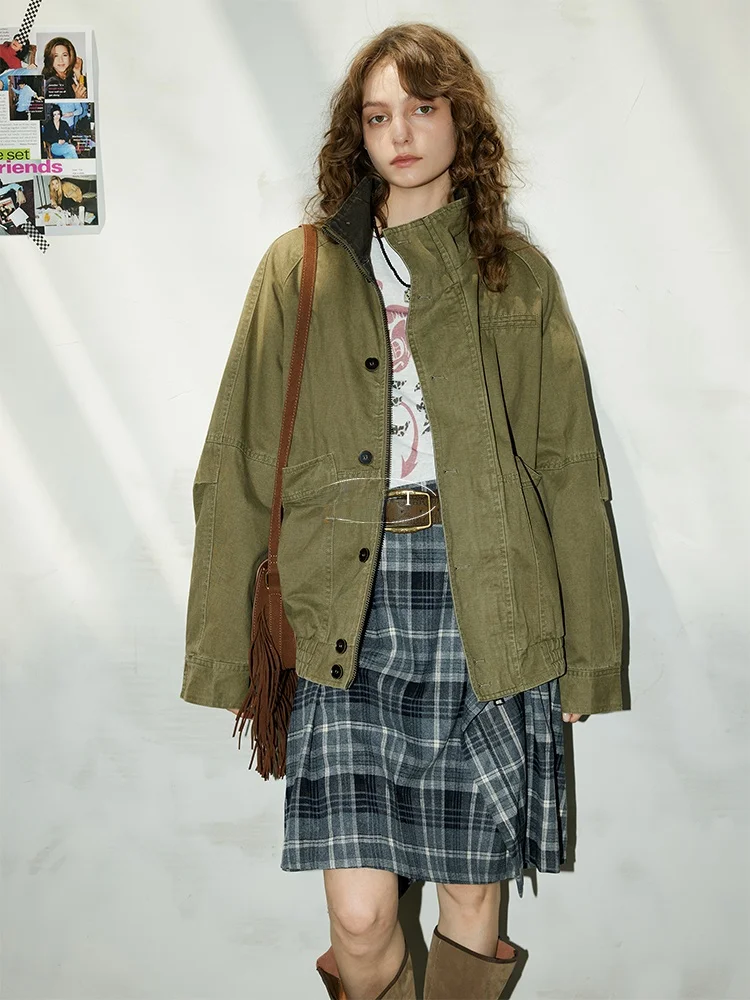 

Рабочая куртка BMLT из чистого хлопка с воротником-стойкой, винтажный корейский стиль, женская свободная укороченная верхняя одежда