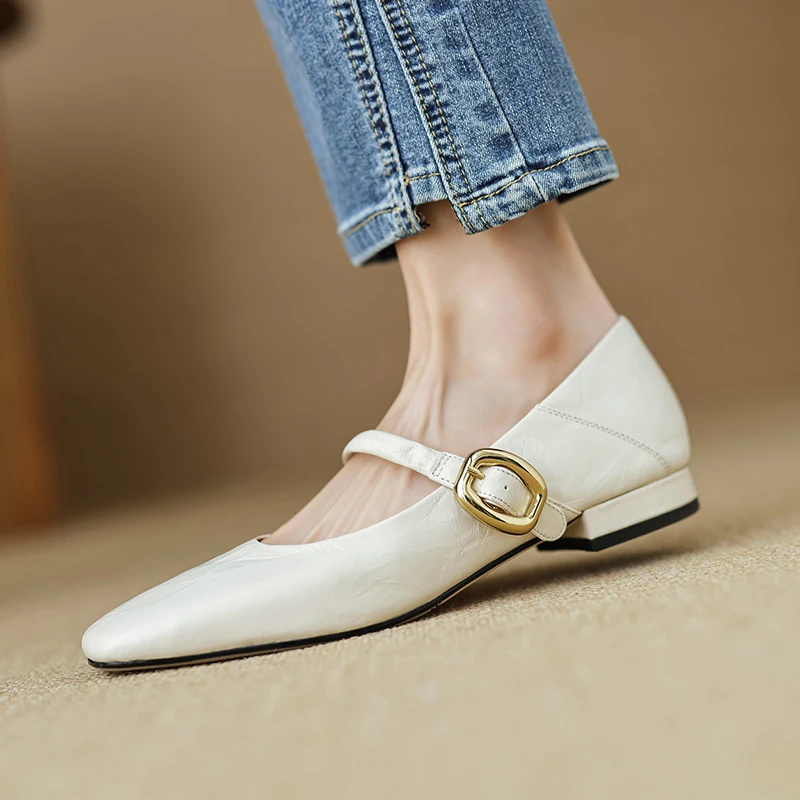 Low Heels Women Pumps Fashion Buckle Strap Mary Janes Genuine Leather Spring Summer Casual Working Shoes Woman 2024 White Heels