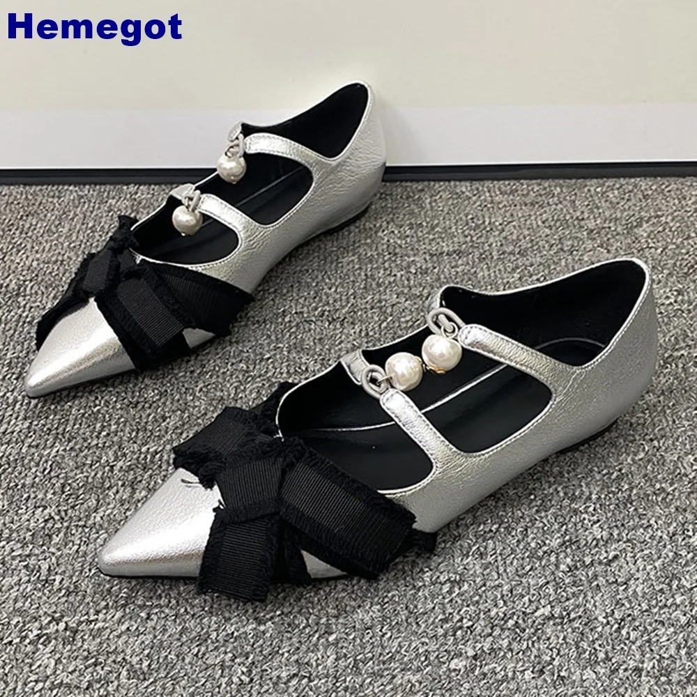 

Pointed Toe Bowknot Pearl Pumps Black/sliver Fashion Women Street Style Flat Shoe 2024 Summer New Elegant Casual Mary Jane Shoes