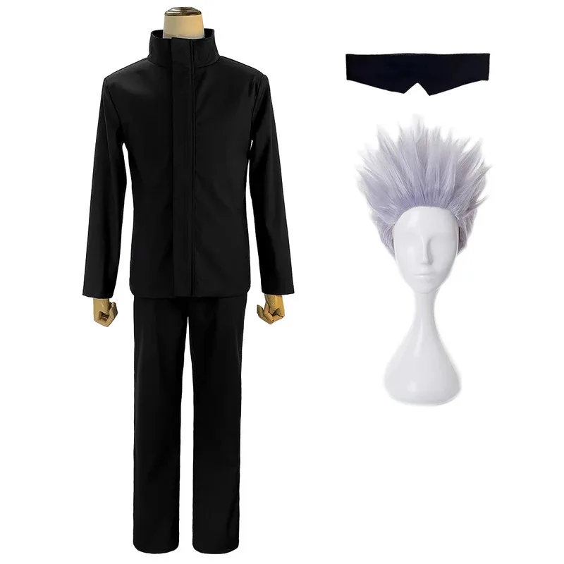 

HOLOUN Jujutsu JJK Manga Anime Satoru Gojo Cosplay Costume Shibuya Incident Black Uniform Patch Wig Rose Net Synthetic