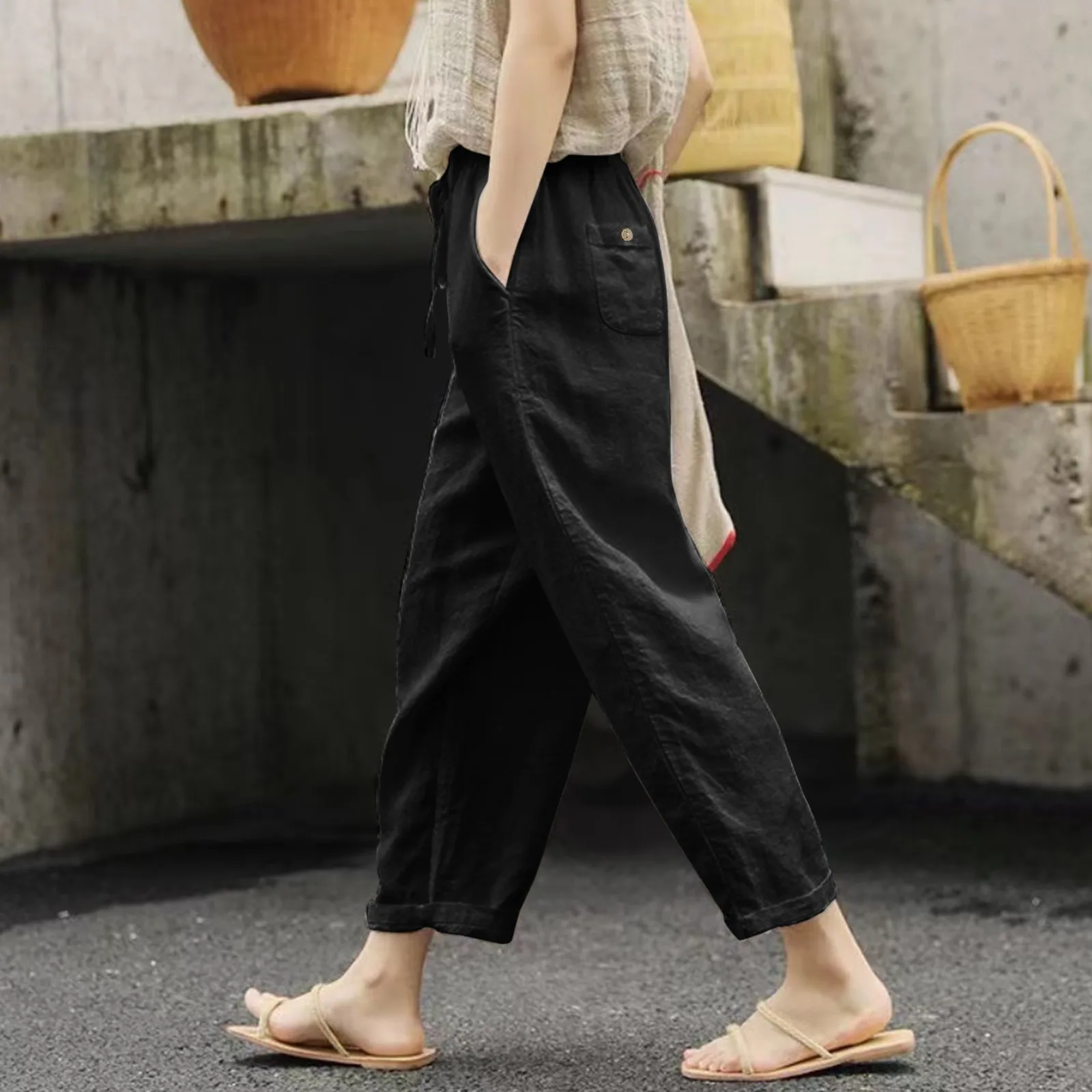 Casual Baggy Wide Leg Pants White Loose Drawstring High Waist Streetwear Cotton Linen Pants Womens Straight Leg Trousers