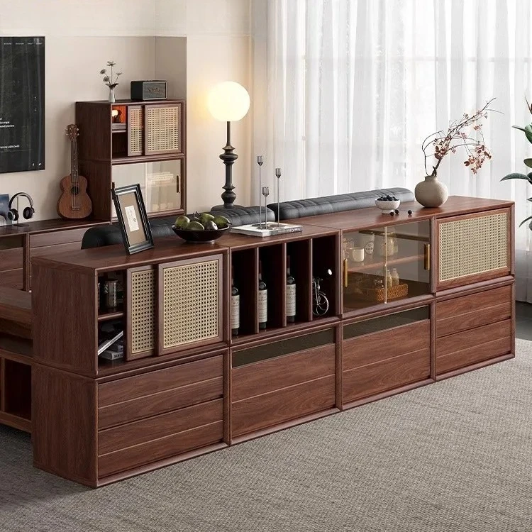 B African black walnut solid wood new Chinese bookcase bedside table rattan glass door diverse cabinet