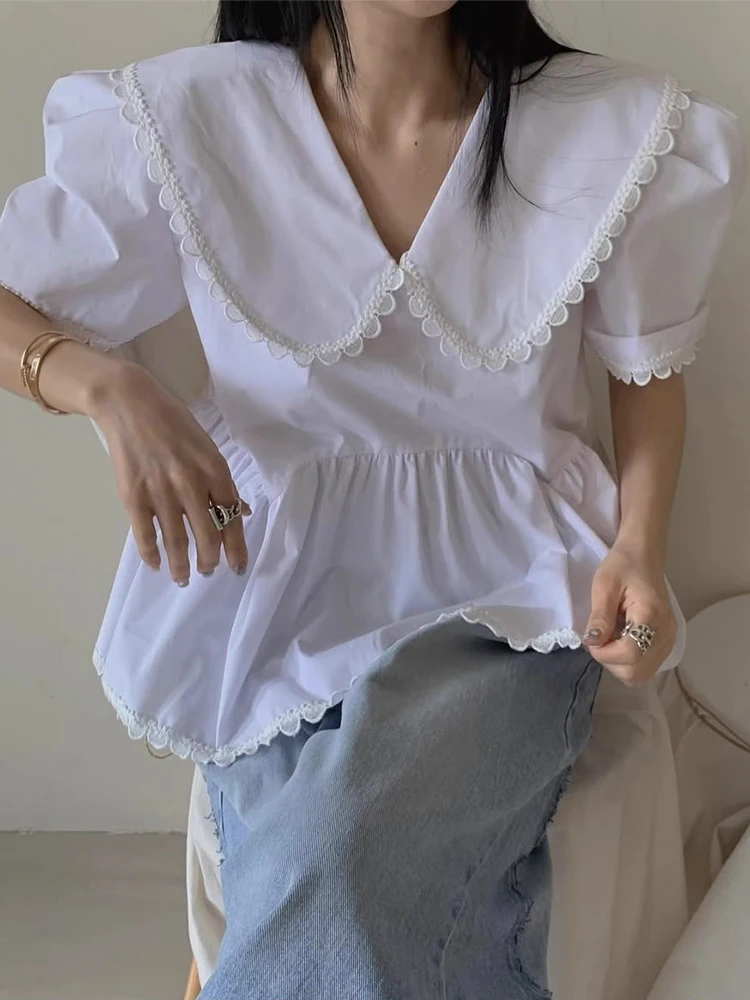 Słodki Letni Nowy Elegancki Top z Kołnierzykiem typu Doll, Luźny Krój Bubble, Akcenty Damskie, Bawełniany Top z Krótkim Rękawem