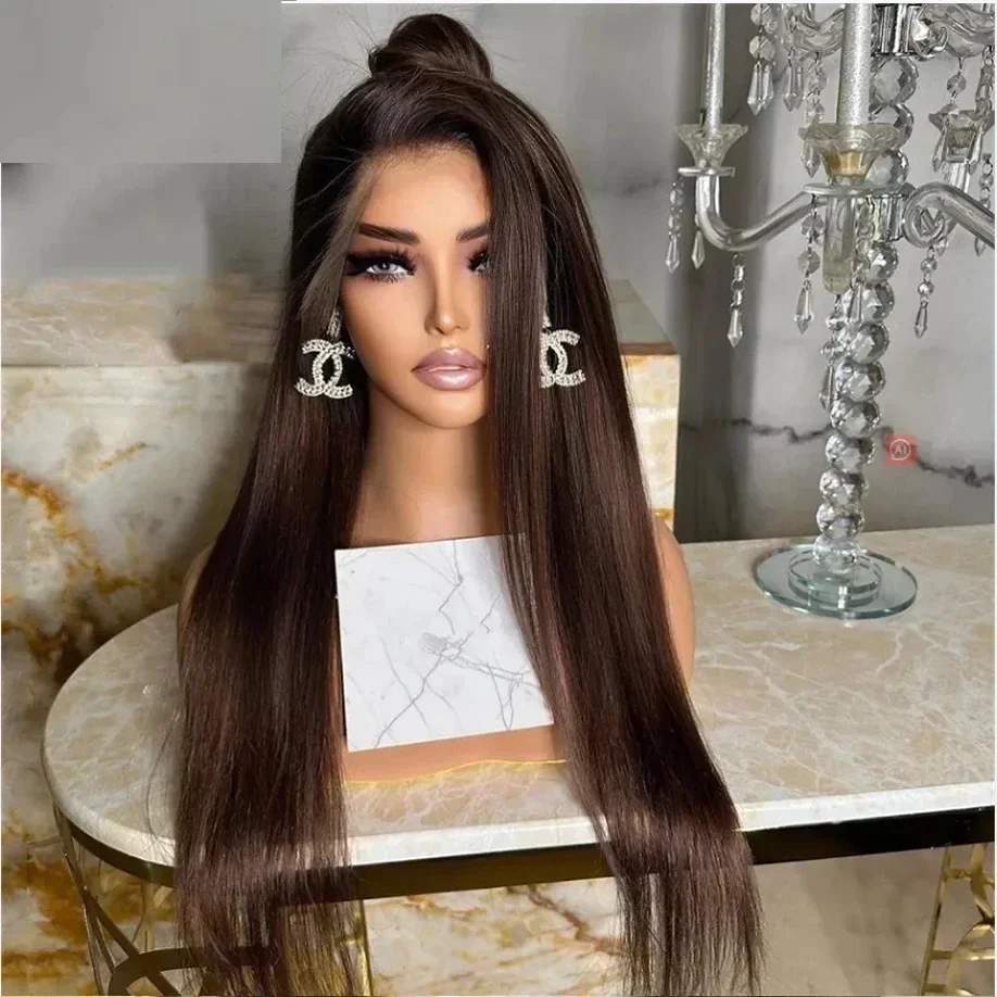 

Dark Brown Straight 26inch 5x5 Silk Base Jewish Human Hair Wig With Baby Hair HD Lace European Hair Preplucked Daily