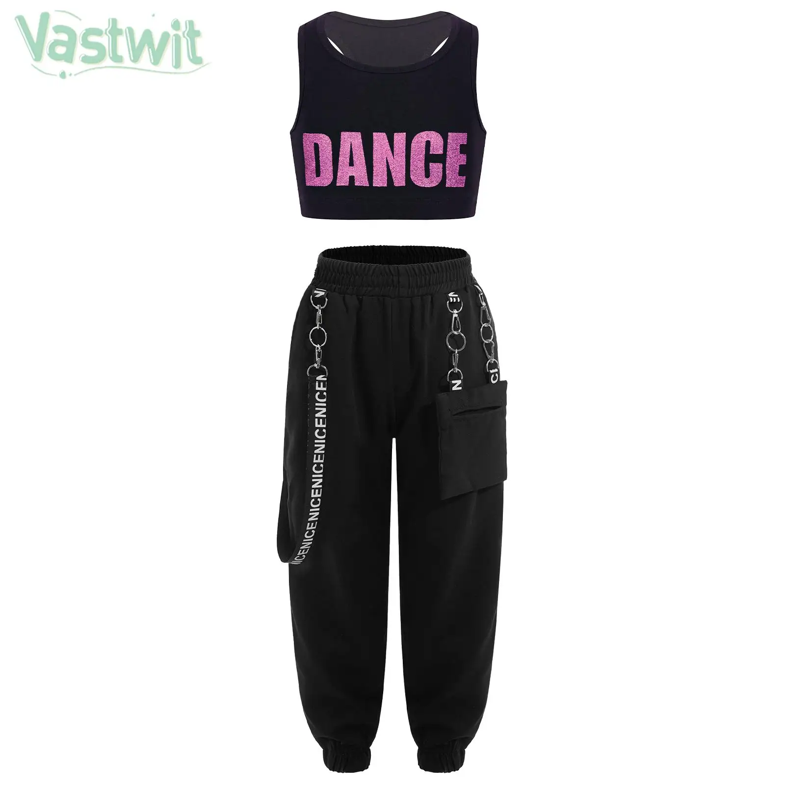 Teens Girls Fashion Outfit Street Jazz Dance Clothes Sleeveless Racer Back Crop Top with Hiphop Sweatpants Streetwear Sportswear