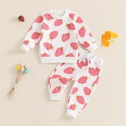 2024-05-28 Lioraitiin Toddler Girls Fall Outfits Strawberry Print Long Sleeve Sweatshirt and Elastic Sweatpants Set Baby Clothes