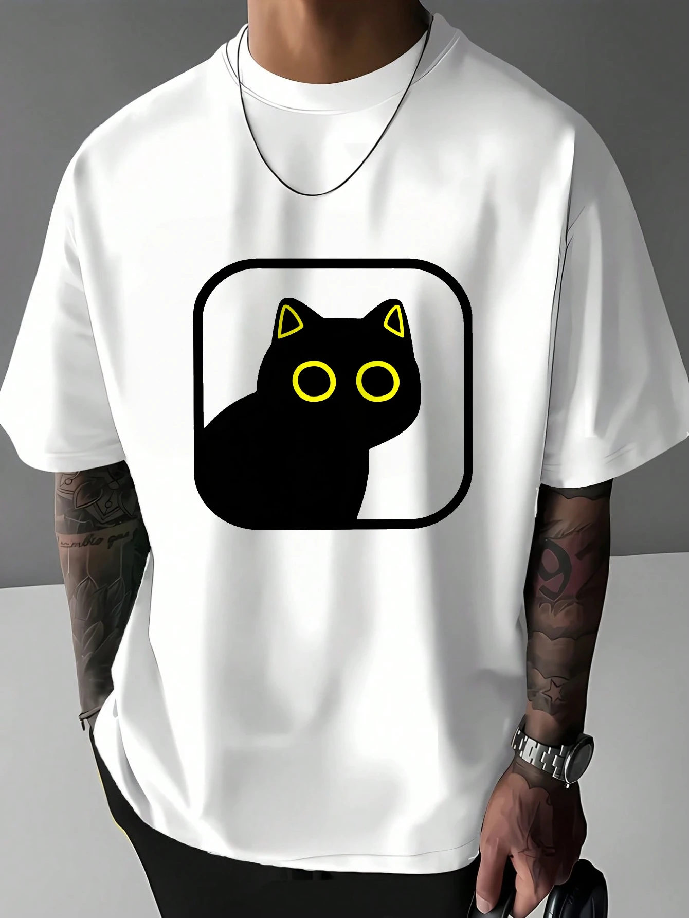 Mens Square Frame Black Cat Graphic T Shirt Minimalist Yellow Eyes Pet Print Short Sleeve Crew Neck Casual Cotton Male Daily Tee