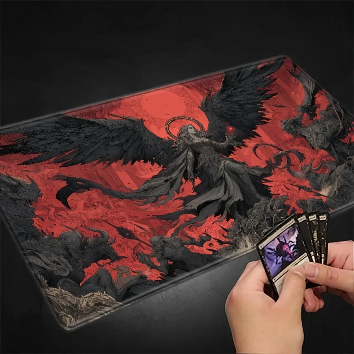 Non-Slip Rubber Red Black Gothic Mouse Pad Dark Fantasy Fallen Angel Flame Mat for TCG RPG CCG Tabletop Gaming