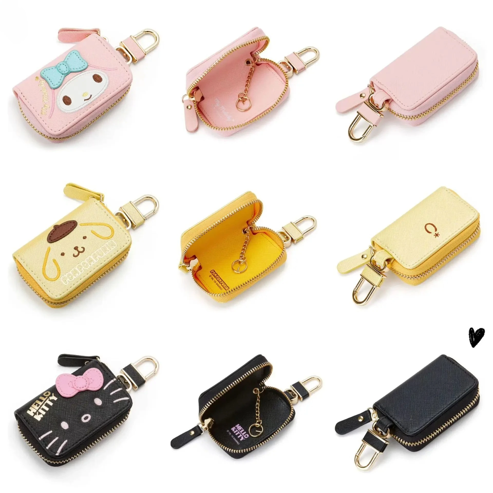 

New Melody Kuromi HelloKitty Keychain PU Leather Zipper Car Key Holder Cute Cartoon Multi-function Pouch