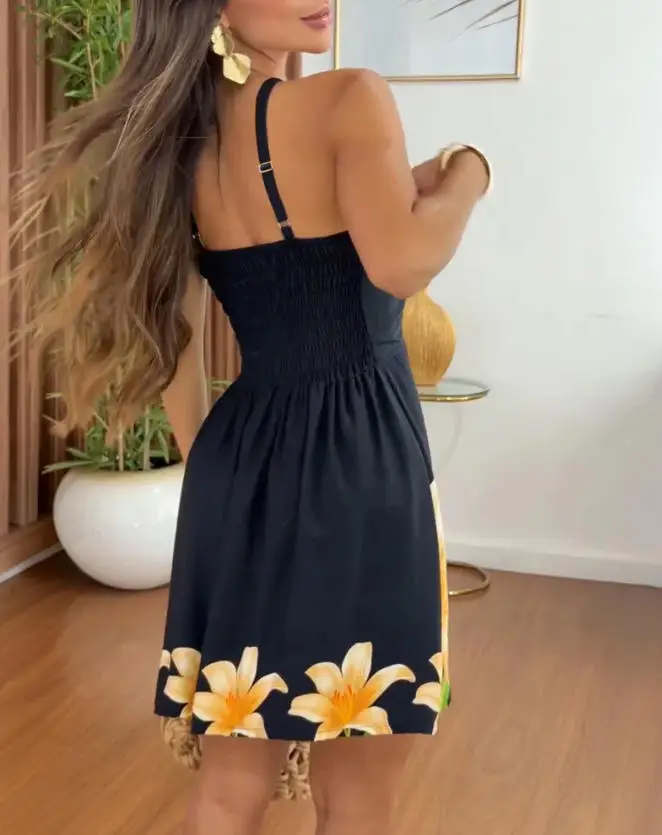 

2026 Summer New Women's Printed Strap Skirt Cross Hollow Mini Dress Shirt Back High Waist A-Line Sun Skirt