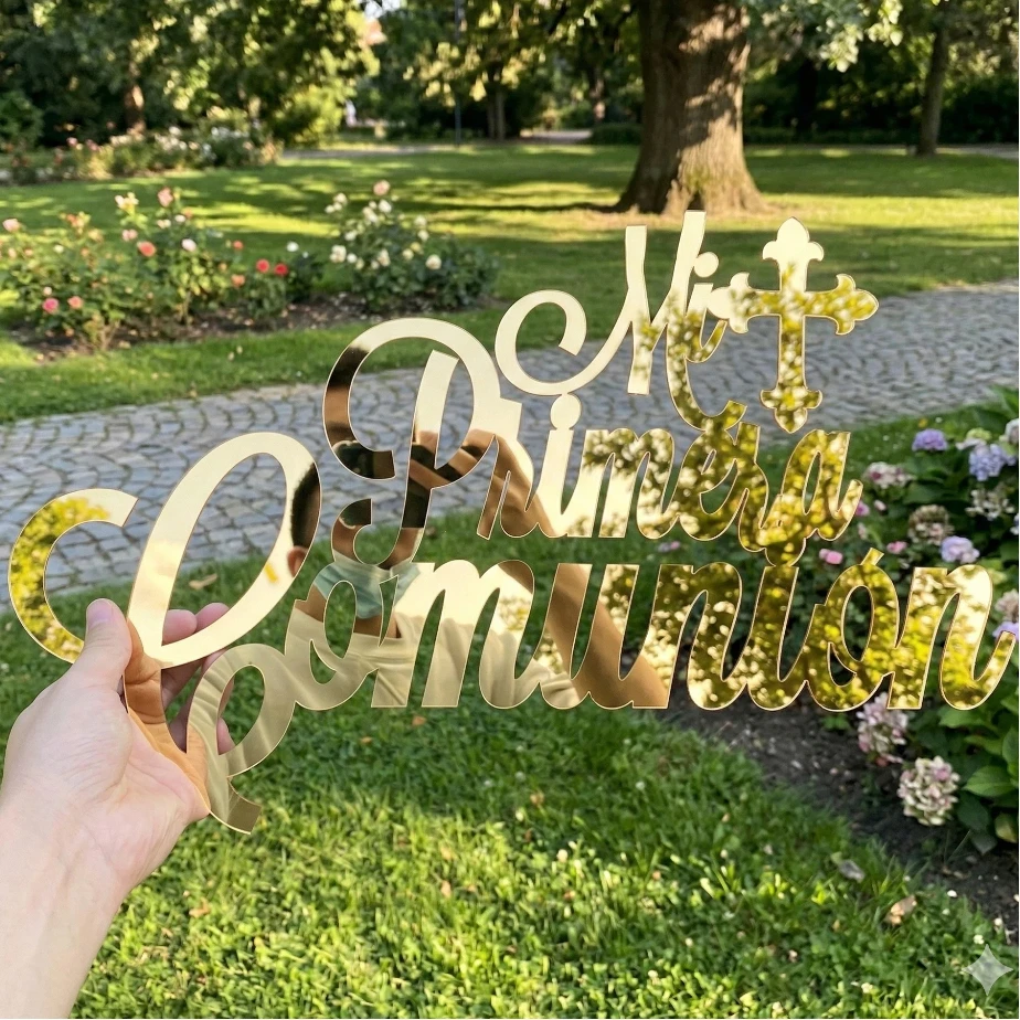 Mi primera Comunion Letrero de madera Espejo acrílico Oro Plata Negro Blanco Español Mi primera decoraciones para fiesta de bautizo