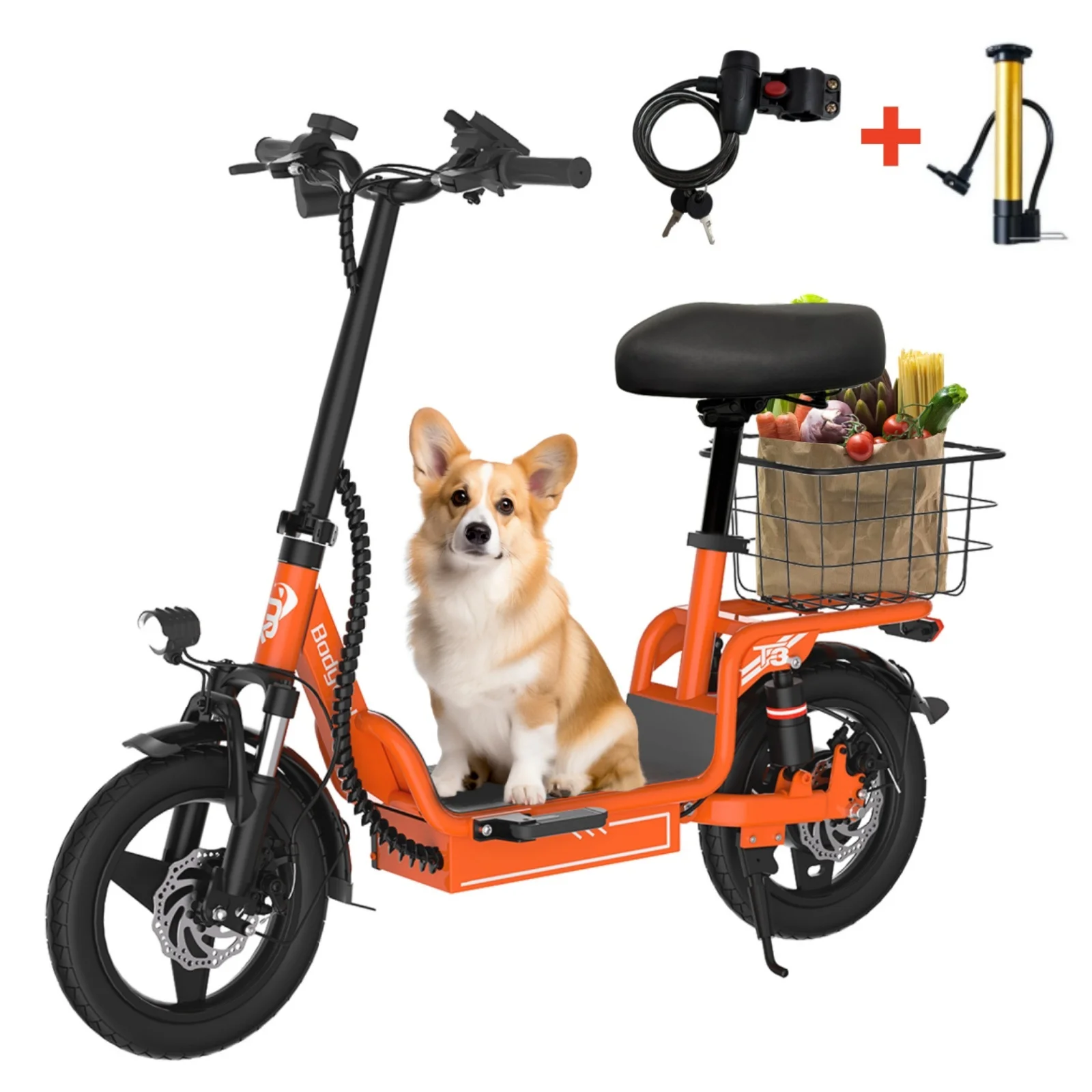 

Bodywel T3 Foldable E-Scooter with seat , 20 MPH, 25 Miles, 14 Inch Tires Electric Bike with Basket e scooter for Adults