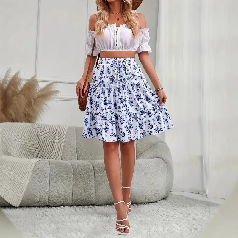 2026 Floral Print Elastic Waist A-Line Skirt Women Layered Hem Knee Length Summer New