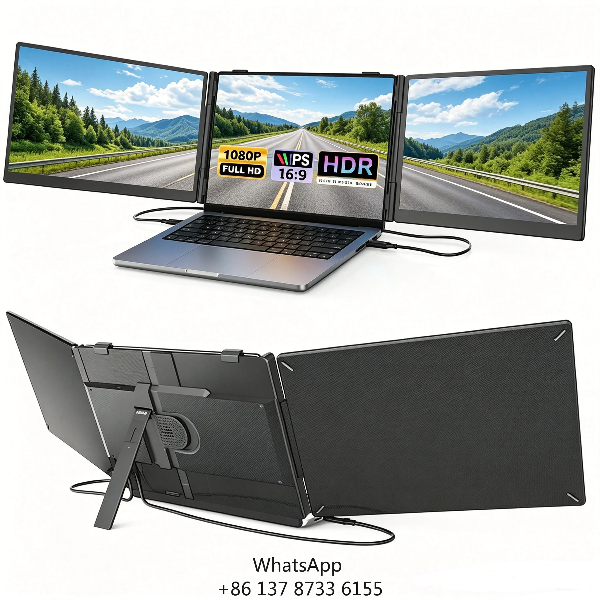 Laptop Monitor Extender 14'' FHD 1080P Ultra-Thin FoldableTriple Portable Monitor Design For Business Travel And Remote Work