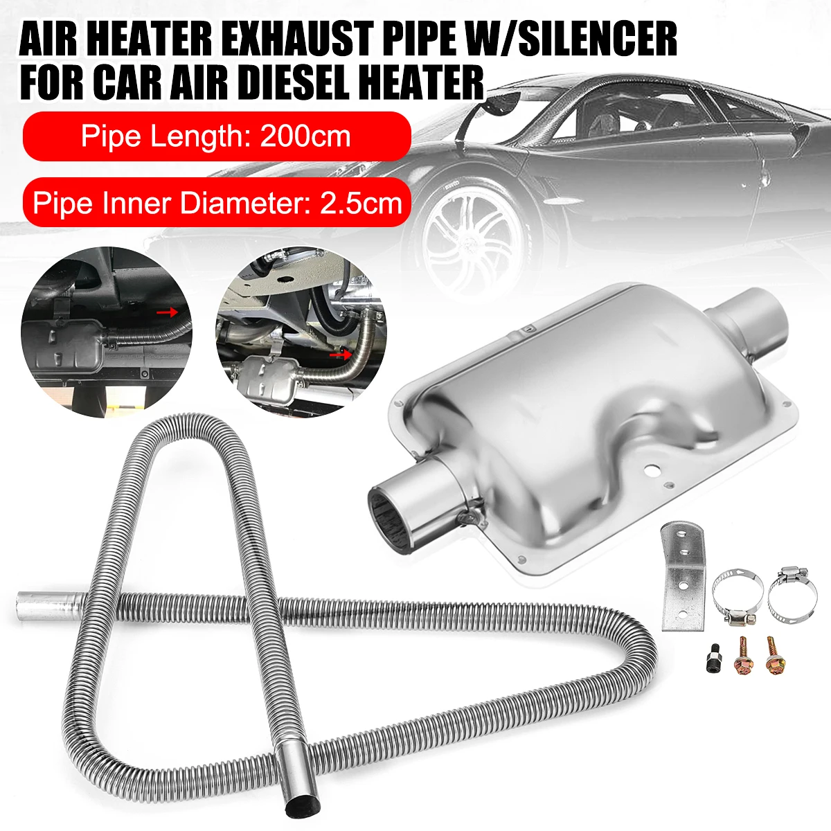 200cm Car Heater Exhaust Muffler Silencer Gas Vent Hose Tube w/Clamps Bracket For Air Diesel Parking Heater