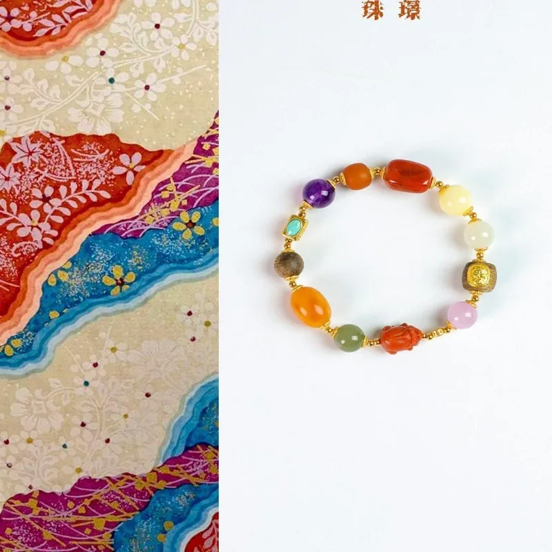 Natural Nanhong Beeswax Agarwood Multi Gemstone Bracelet Original Chinese Style Unisex Niche Jewelry for Daily Wear Stacking