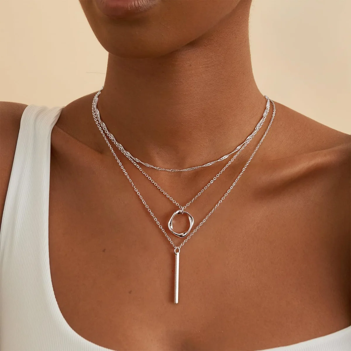 Silver Color Layered Necklaces for Women 3pcs Dainty Circle Bar Pendant Stackable Choker Trendy Jewelry Set