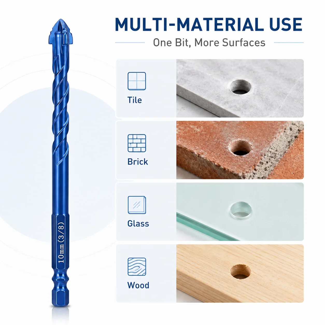 3Pcs Multi-Purpose Tile Drill Bits Set 6/8/10mm, Hex Shank Cross Spear Point Drill Bits for Tile, Glass, Brick, Wood Drilling