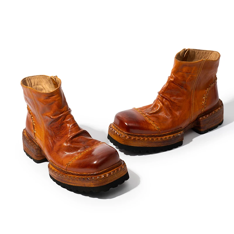 

British Square Toe Thick Sole Handmade Chelsea Riding Boots Men's Shoes Fashion Genuine Leather Work Casual Ankle Boots Male
