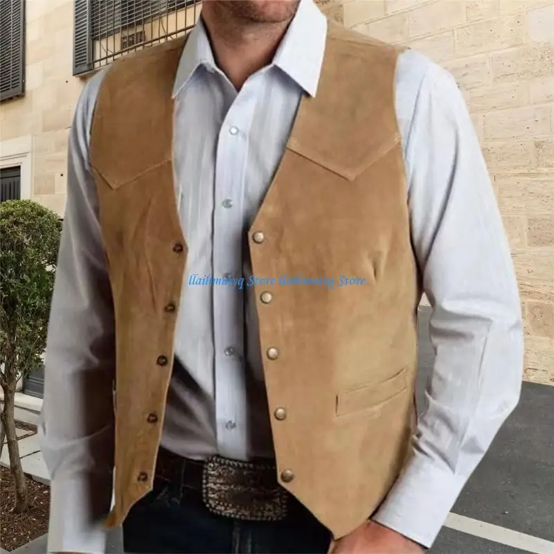 573B Men's Suedes Suit Vest Casual Western Vest Sleeveless Lightweight V Neck Dress Waistcoats