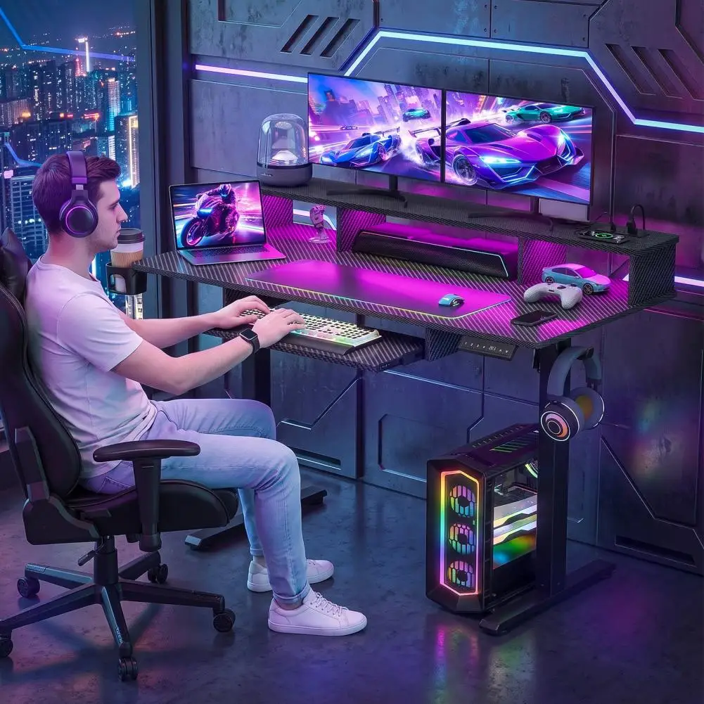 Gaming Standing Desk, Computer Desk with Keyboard Tray, Home Gaming Desk with Monitor Stand, Headphone Hook, Height Adjustable