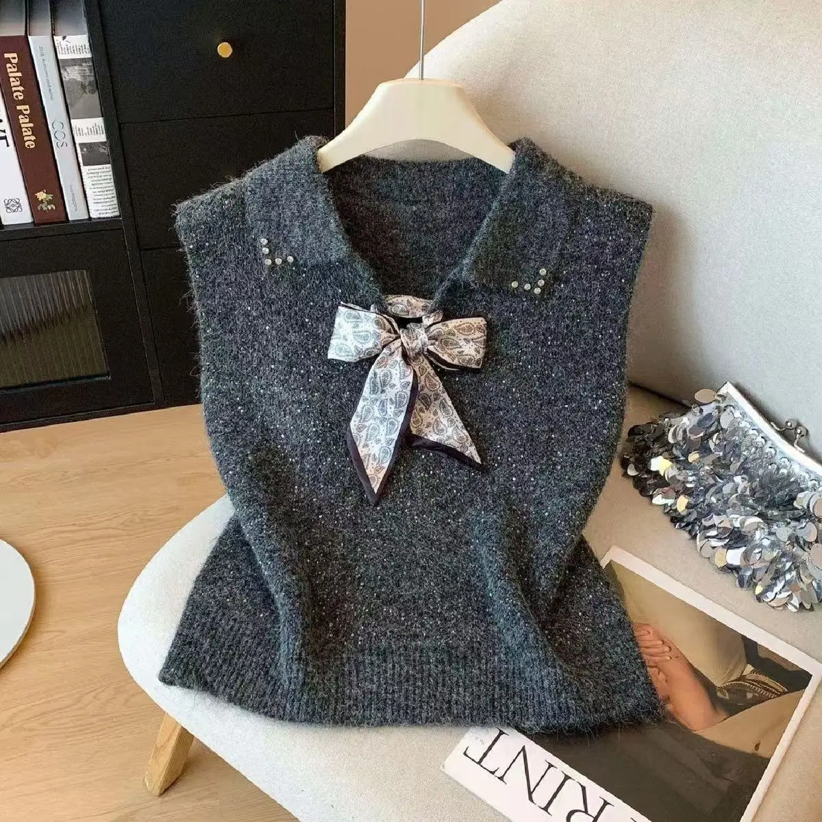 Autumn Winter Black Sparkling Sweater Vest Women Slim Sleeveless Polo Shirts Bow Knitted Vest Waistcoat Jumpers Female Pullover