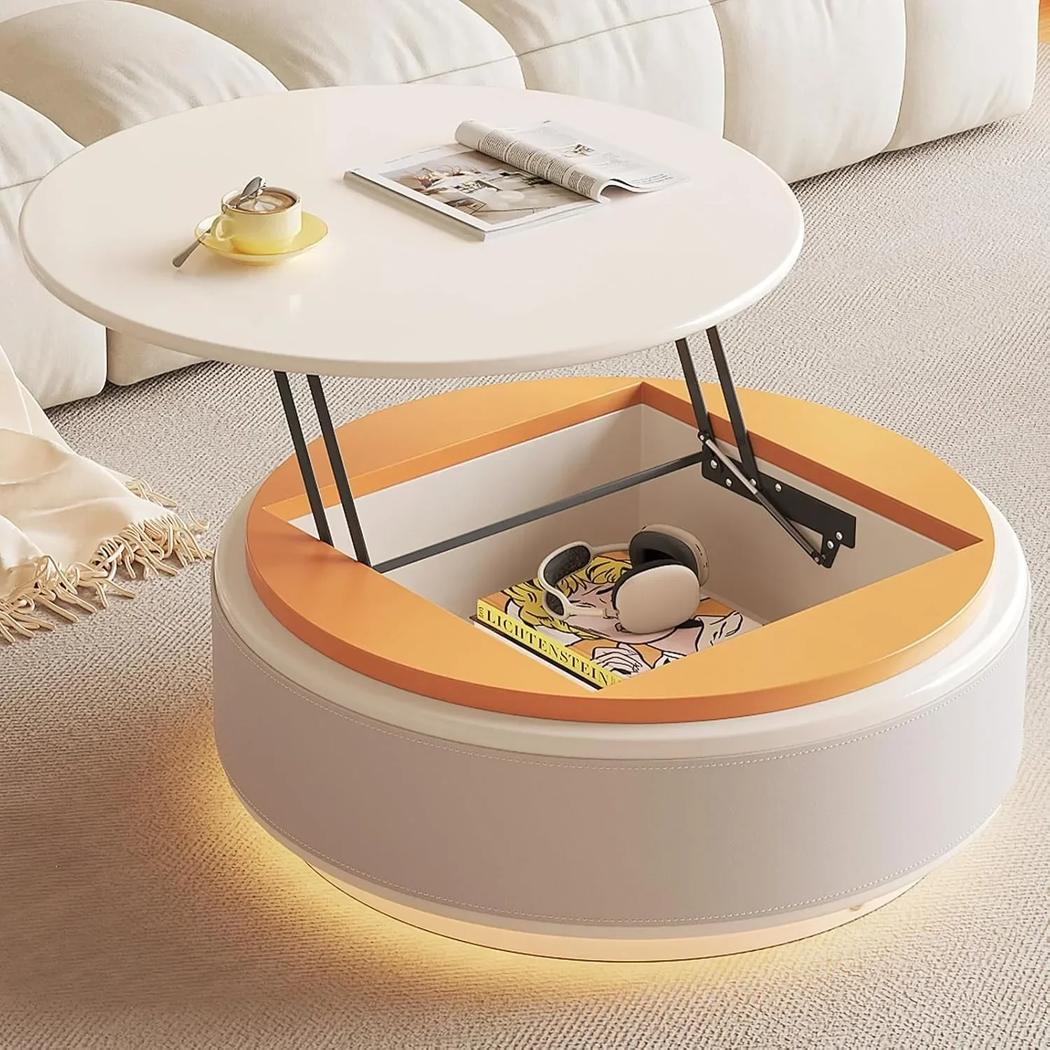 Lift Top Coffee Table with LED,Small Round Center Table for Dinner Room,Cute Side Table for Small Space for Living Room