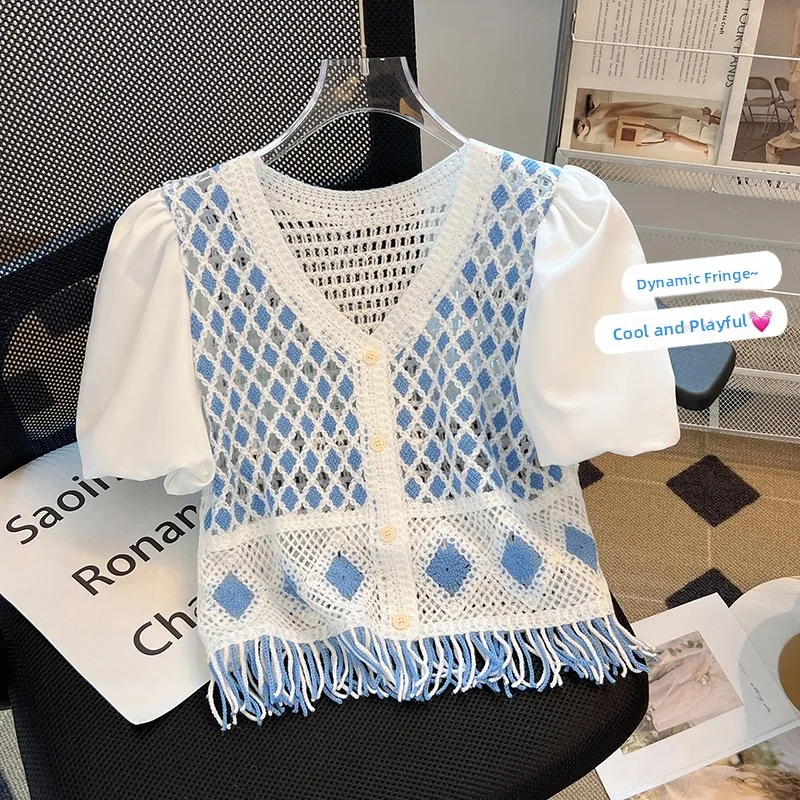 

Vaion Sle Vintage Hooked Hollow out Knitted Patchwork Open Cardigan Women's Bubble Sve Tassel Ele Beautiful Small...