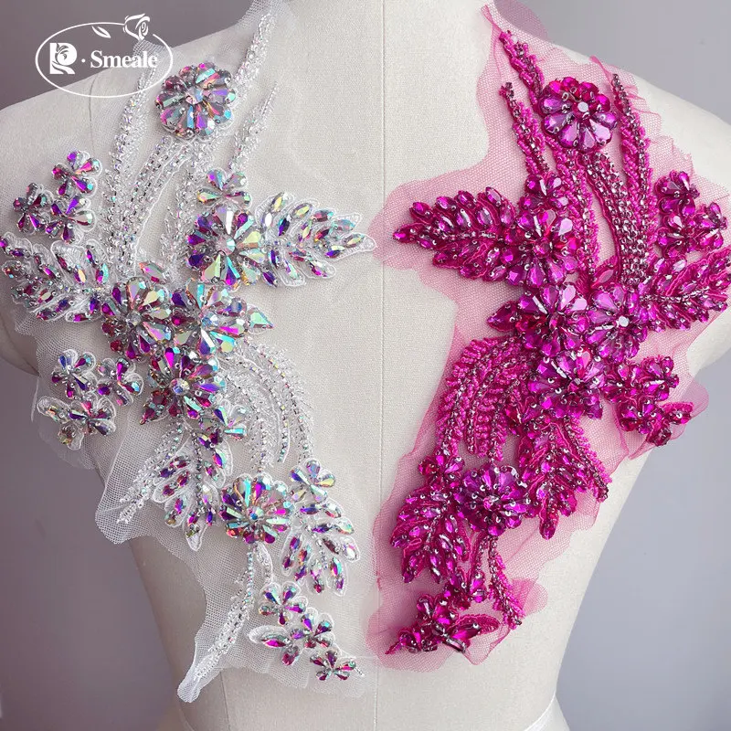Mehrfarbiger handgenähter Glasbohrer, Spiegelblumen, funkelnde Strassblumen, Mäntel, Bündchen, Schultern, Hochzeitskleid, DIY-Patch – Detail 2
