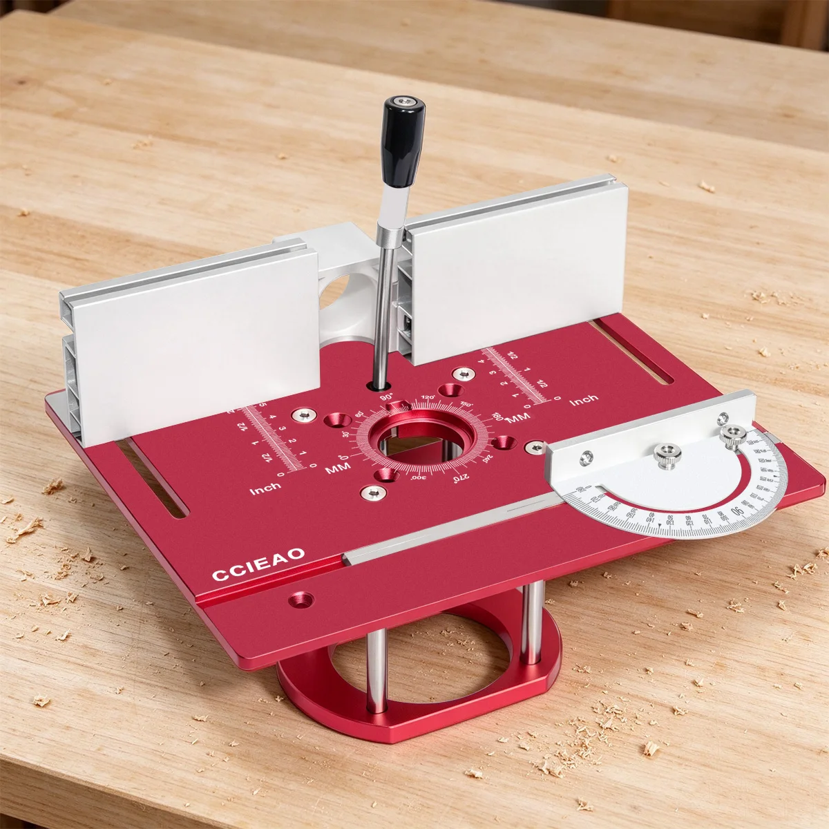 Aluminum Router Lift Base with Router Table Insert Plate, Miter Gauge and Fence, Woodworking Trimmer Router Table Workbench Tool