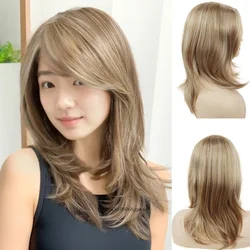 Synthetic Hair 18 Inch Medium Blonde Wigs for Women Natural Wavy Wig with Bangs Side Parting Daily Party Costume Heat Resistant