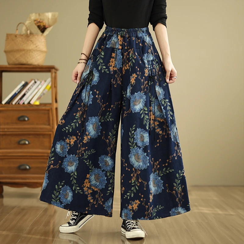 Retro Chinese Sle Wide Leg Jeans Loose Fit Floral Print Straight Cut Trousers Personali Slimming High Waist Plant Floral