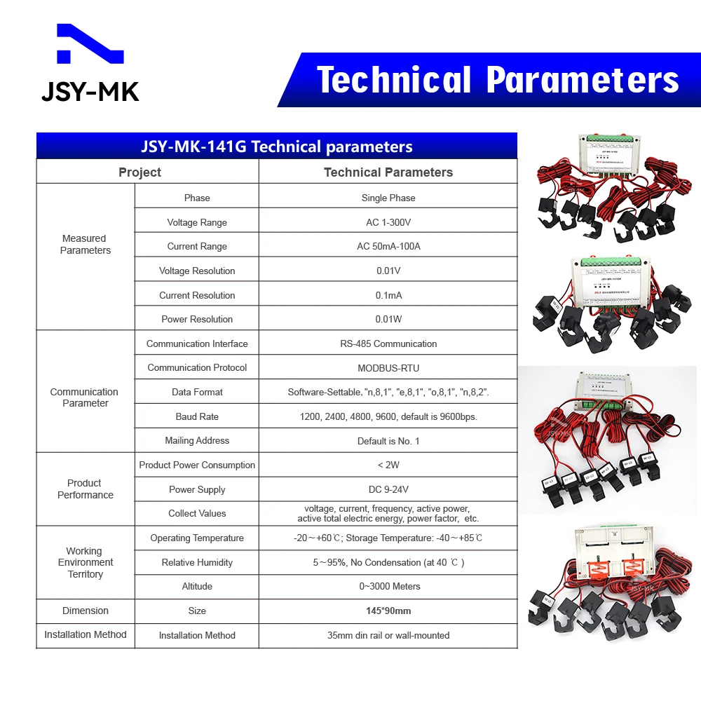 JSY-MK-141G 6-channel RS485 AC Energy Meter 1 RS485 Modbus~RTU 1-500V 50mA-150A