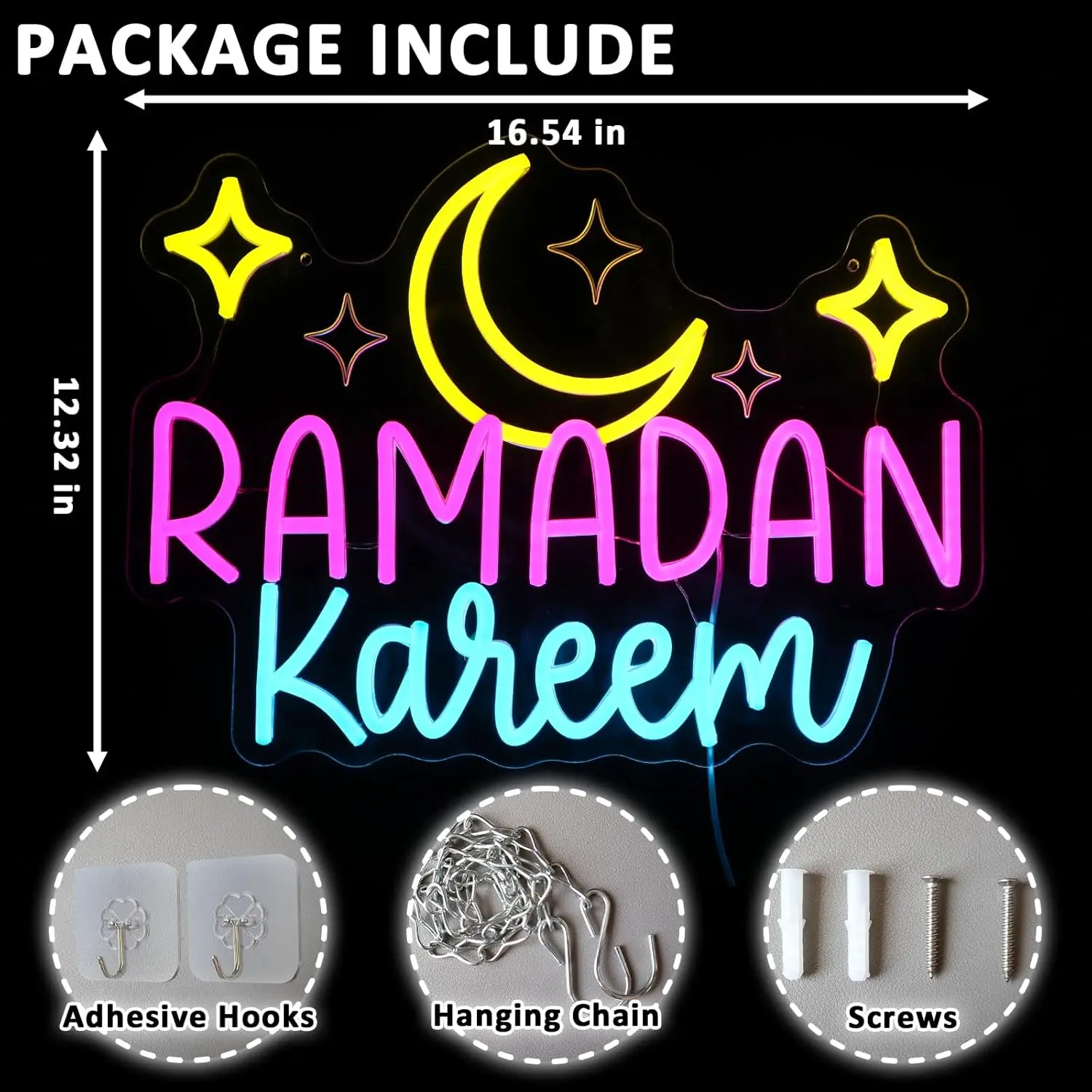 Ramadan Kareem Neon Sign - Dimmable Islamic Moon LED Wall Decor 2026 Eid Mubarak Light for Bedroom Perfect Ramadan Gift for Kid