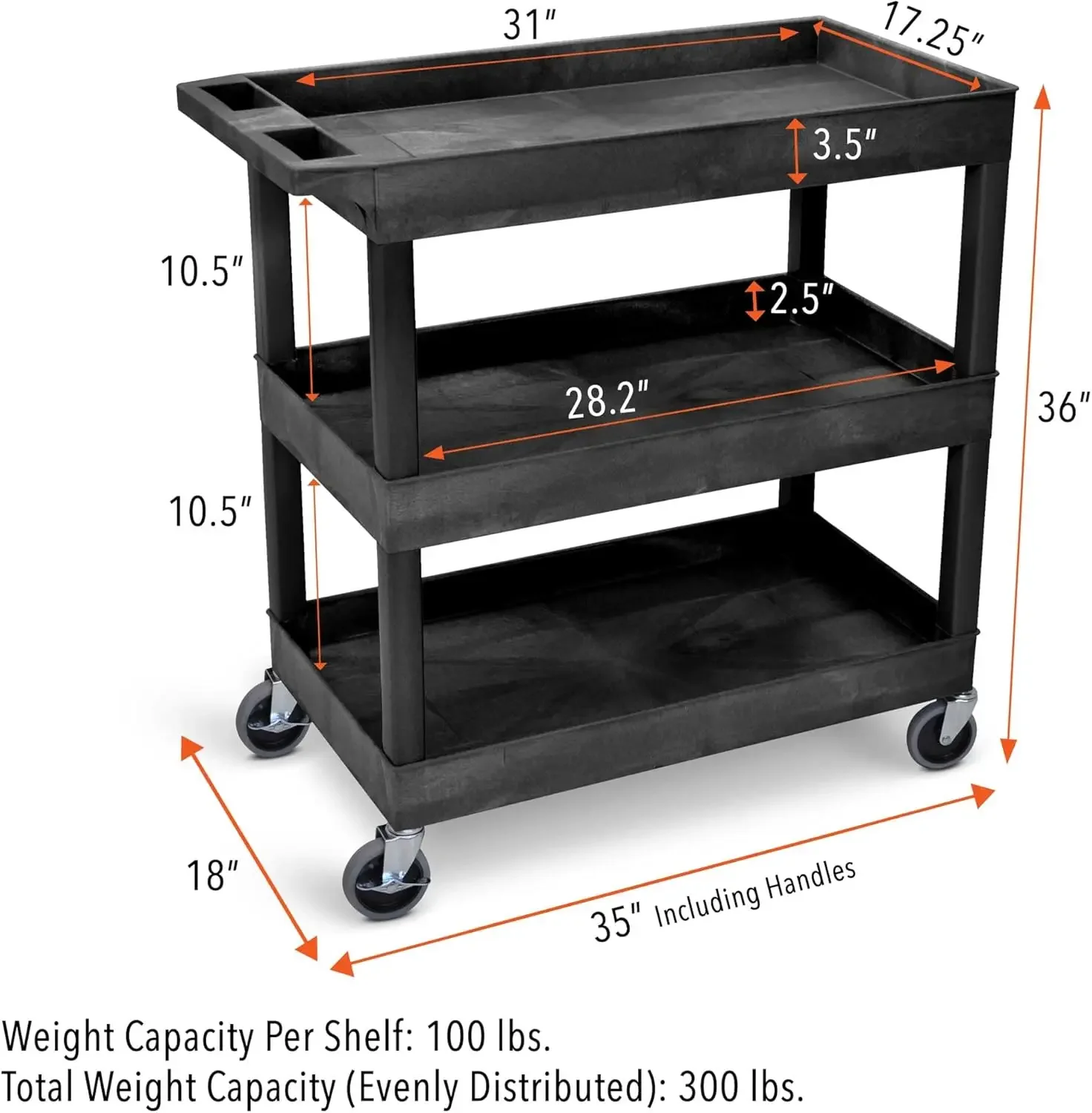 El carrito de empuje de utilidad con 3 estantes Steady Tubstr admite hasta 300 libras: carrito de servicio de plástico resistente, ideal para oficinas y almacenes