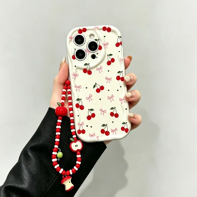Cute Cherry Fruit Apple Bracelet Case For Samsung Galaxy S26 Ultra S25 S24 Plus S26FE A17 A06 A07 A16 A56 M16 A36 A55 A15 Cover