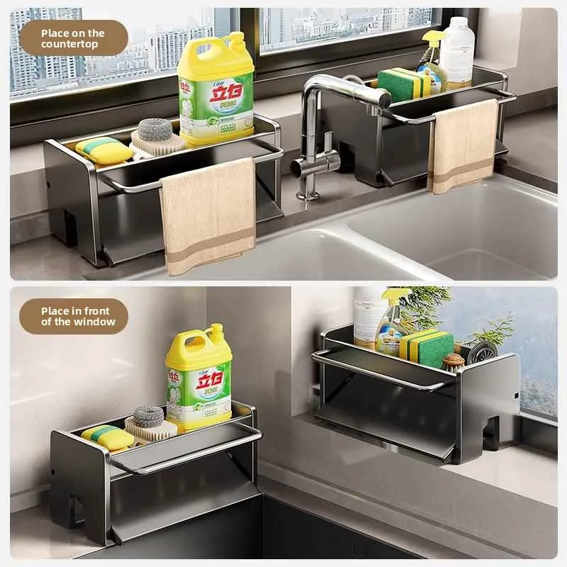 Modern Simplicity Kitchen Storage Rack Sponge Scouring Pad Holder Faucet Sink Dishwashing Accessories Carbon Steel Material