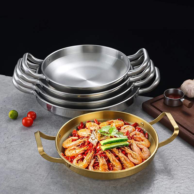 Korean Stainless Steel Shallow Saucepan with Double Ear Seafood Cooking Dry Pots Paella Frying Pan Kitchen Cookware Utensils