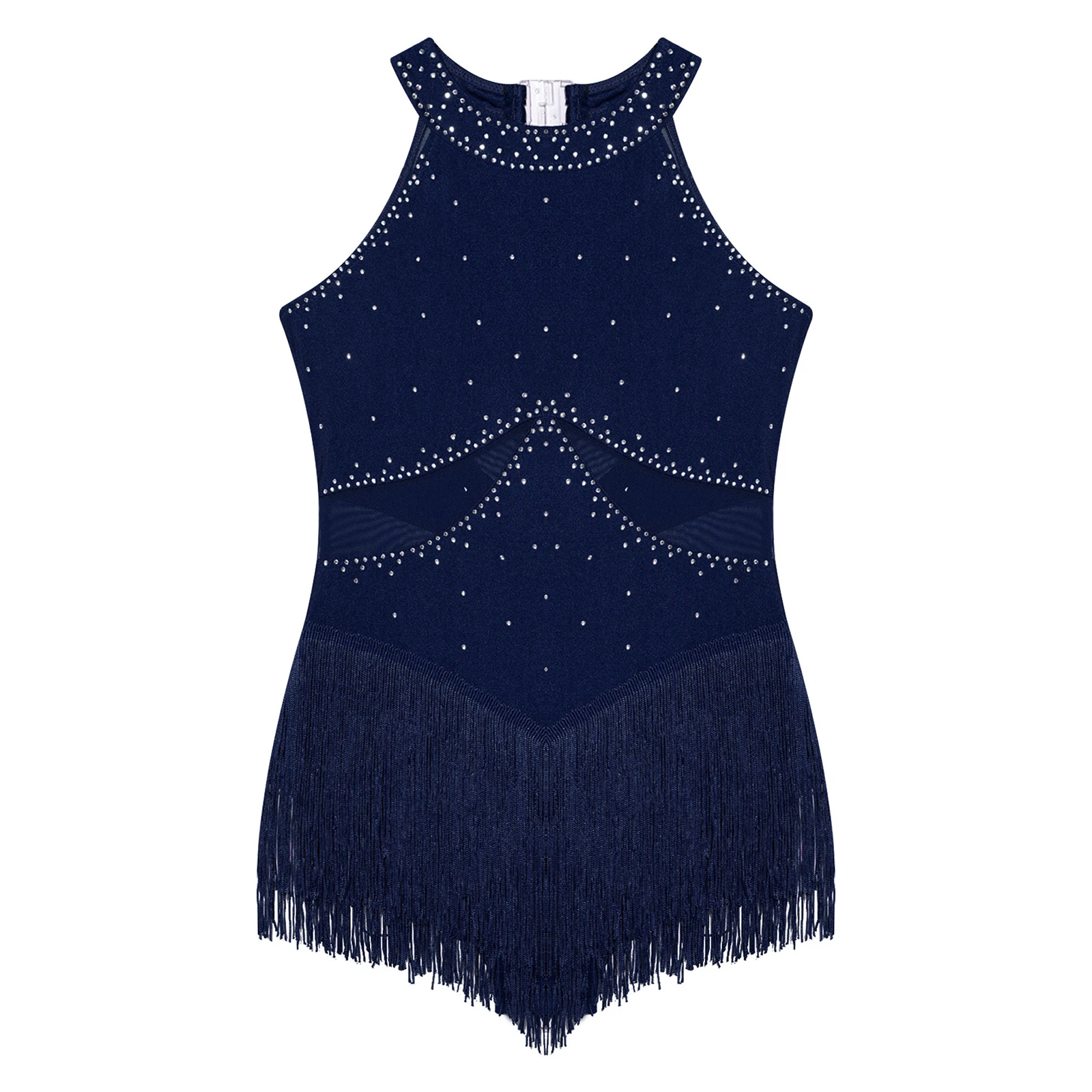 Kids Girls Fringed Dance Leotard Glittery Rhinestones Sheer Mesh Patchwork Keyhole Back Tassel Bodysuit for Figure Skating