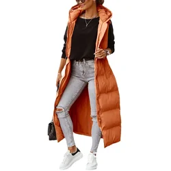 Winter New Parkas Vest Coat Women's Fashion Solid Cardigan Zipper Long Parkas Women's Casual Sleeveless Hooded Pocket Vest Coat