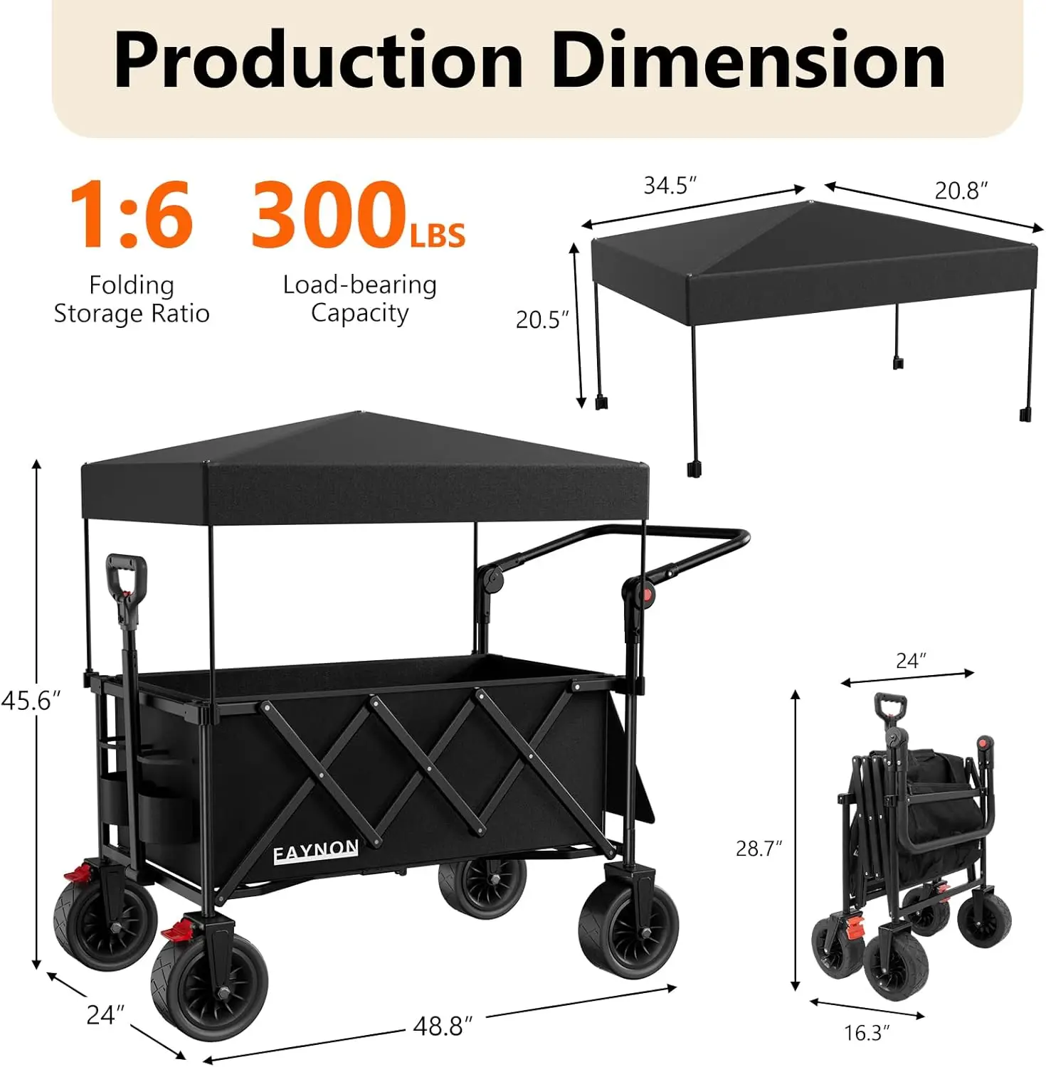 Black 3 in 1 Collapsible Wagon for Beach, with 300lbs Weight Capacity, 150L Heavy Duty, Removable Canopy and Drink Holders